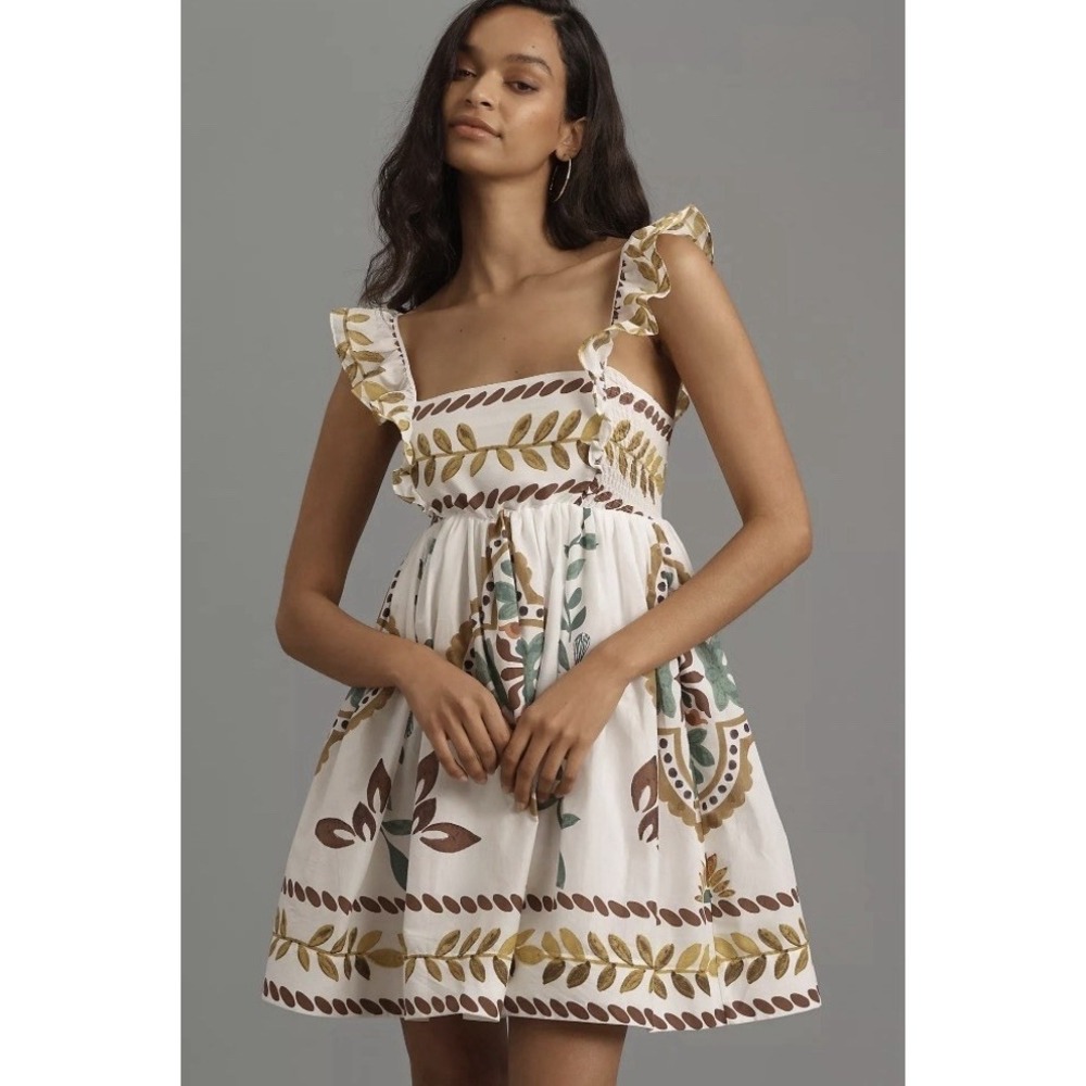 Anthropologie Ruffle-Sleeve White Cotton Square-Neck Mini Dress‎ Size Large NEW - Picture 2 of 12